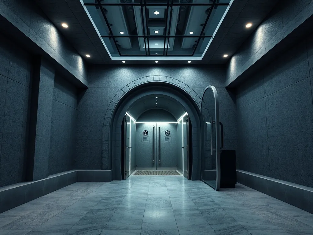 A high-tech minimalist architectural interior of a bank vaul