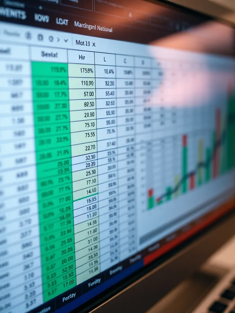 Close up of a professional financial spreadsheet on a screen